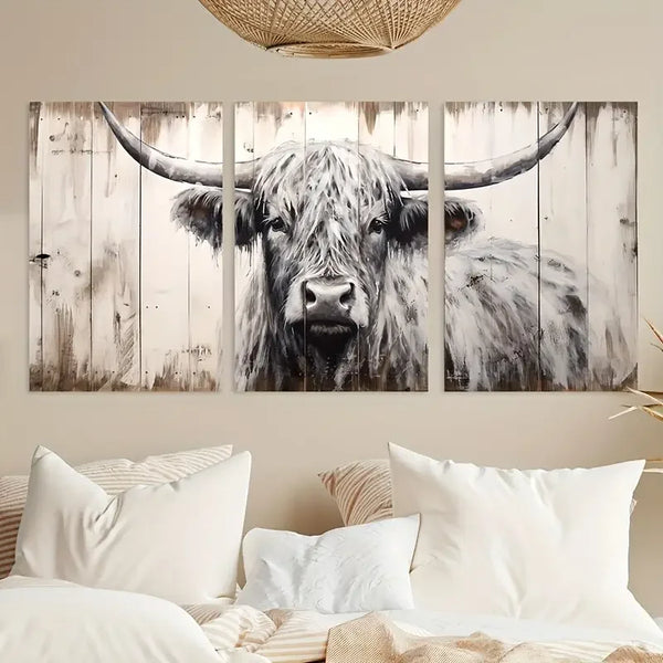 3-teiliges Vintage Hochlandkuh Leinwandbild Set – Extra Große Schwarz-Weiß Bauernhaus Wandkunst, Ungerahmte Tierdrucke