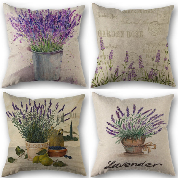 Lavendel Blumen Kissenbezug 45x45 cm – Leinen Dekokissen für Hochzeit & Zuhause (einseitig bedruckt)