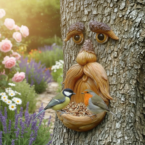 Baum Gesicht Deko mit Vogelfutterstation – Leuchtende Augen Gartenfigur