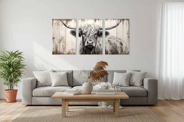 3-teiliges Vintage Hochlandkuh Leinwandbild Set – Extra Große Schwarz-Weiß Bauernhaus Wandkunst, Ungerahmte Tierdrucke
