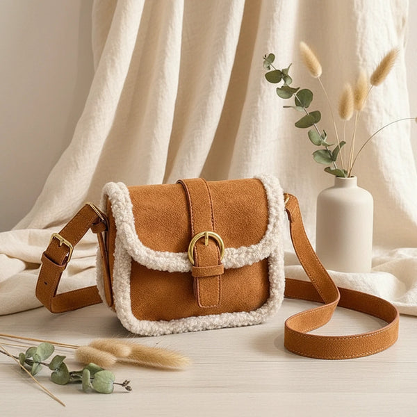 Patchwork Schultertasche Retro – Umhängetasche aus Wildleder & Lammwolle