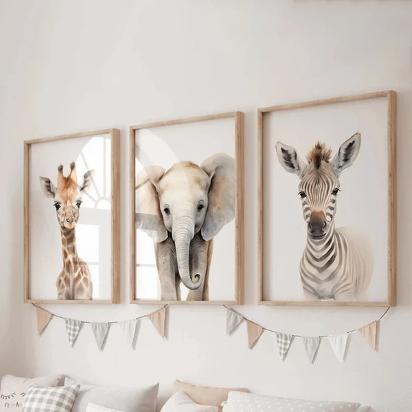 3er-Set Safari Kinderzimmer – Nordische Wandbilder mit Tiermotiven