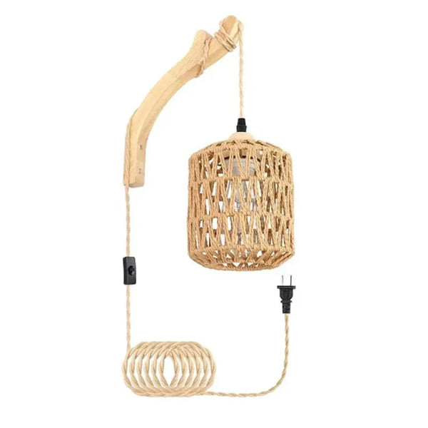 LED Rattan Wandlampe E27 – Boho Wandleuchte aus Rattan mit Hanfseil, Retro Licht